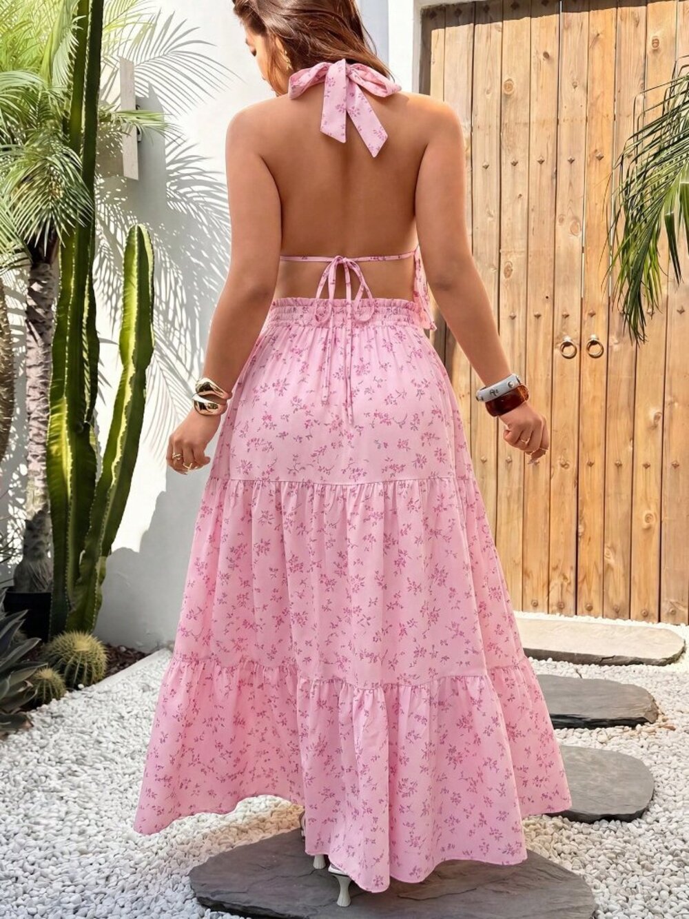 Pink Boho Minimalist Women's Sexy Halter Neck top and Long Skirt 2-Piece Set - Picture 2 of 7
